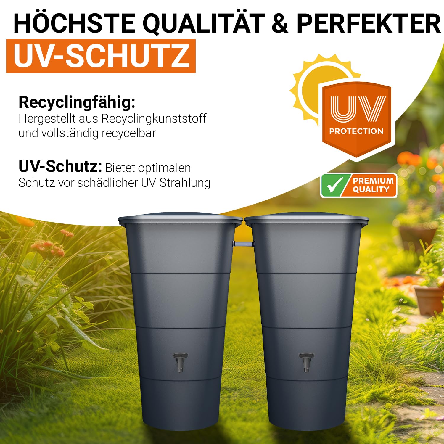 GARANTIA Ibiza Regentonnen-Set eckig 400 Liter Graphite Grey, 2 x Ibiza 200 Liter inkl. Verbinder - als graues Wasserfass für nachhaltige Gartenbewässerung - mit Deckel, Hahn und Matter Oberfläche