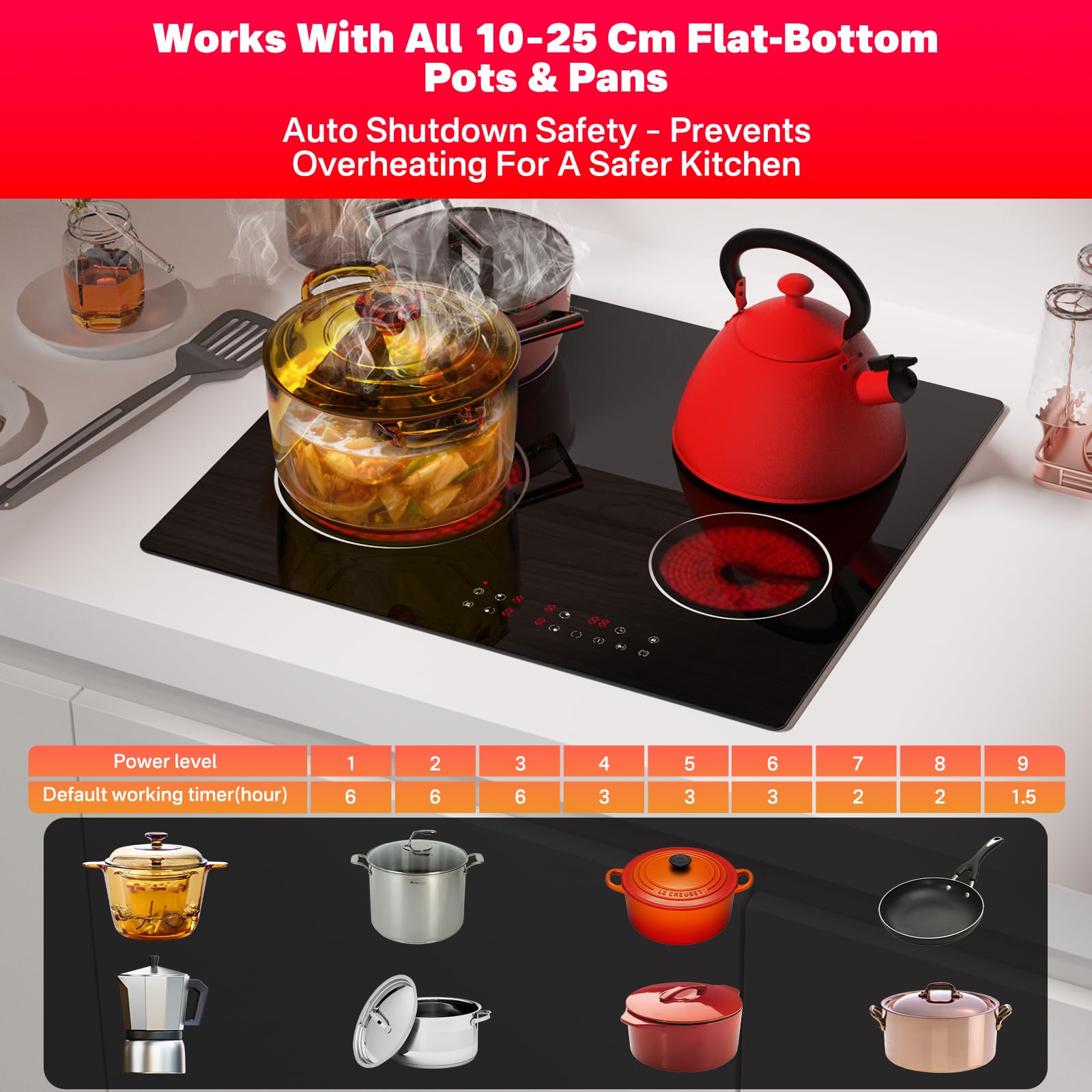 ALEMANIA Płyta ceramiczna 60 cm z 4 polami grzewczymi i podwójną strefą, dotykowym sterowaniem, elektryczna płyta grzewcza na podczerwień do zabudowy 6700 W 230 V