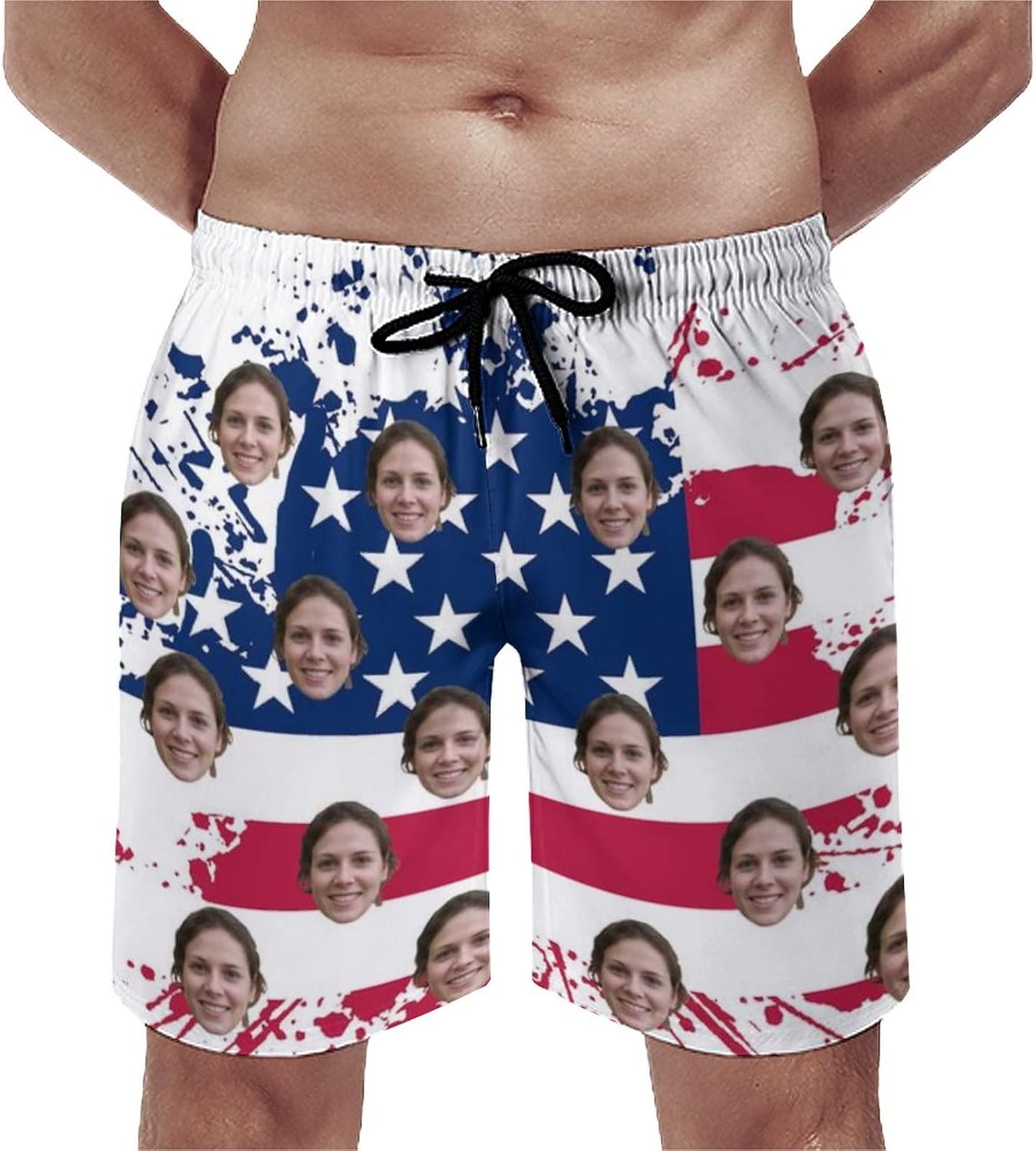 Custom Face Men's Stretch Swim Trunks Personalized with USA Flag Quick Dry Drawstring Elastic Waist Shorts Bathing Suit
