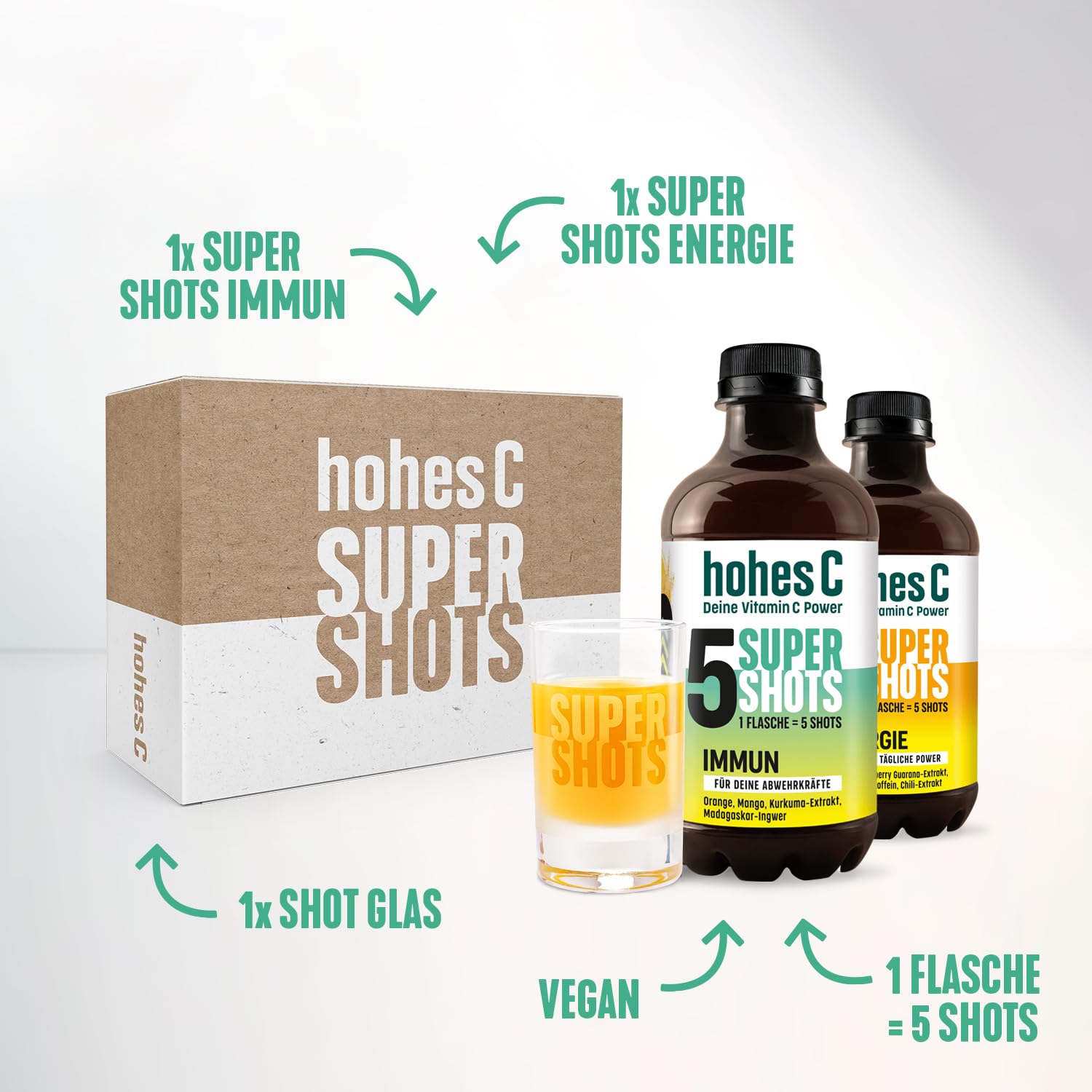 hohes C Super Shots Geschenkset: 1x Immun 330ml + 1x Energie 330ml + Shotglas, Orange, Mango, Ingwer, Cranberry, Guarana, Chili
