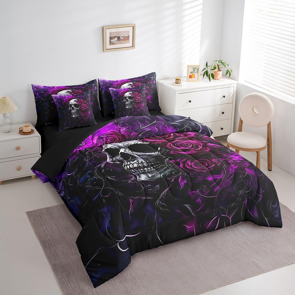 Feelyou Sugar Skull Comforter Set with Sheets Purple Blue Rose 7 Piece Bedding Set Queen Size for Kids Gothic Skull Bed in a Bag Scary Bed Set - Image 2