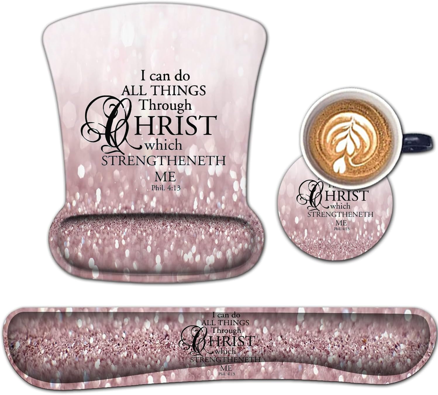 Mouse Pad Wrist Support and Memory Foam Keyboard Wrist Rest Set, Ergonomic Gel Mouse Pad for Computer, Laptop, Desk Pad with Non Slip PU Base,Pink Philippians 4:13 Pattern Gaming Mouse Pad
