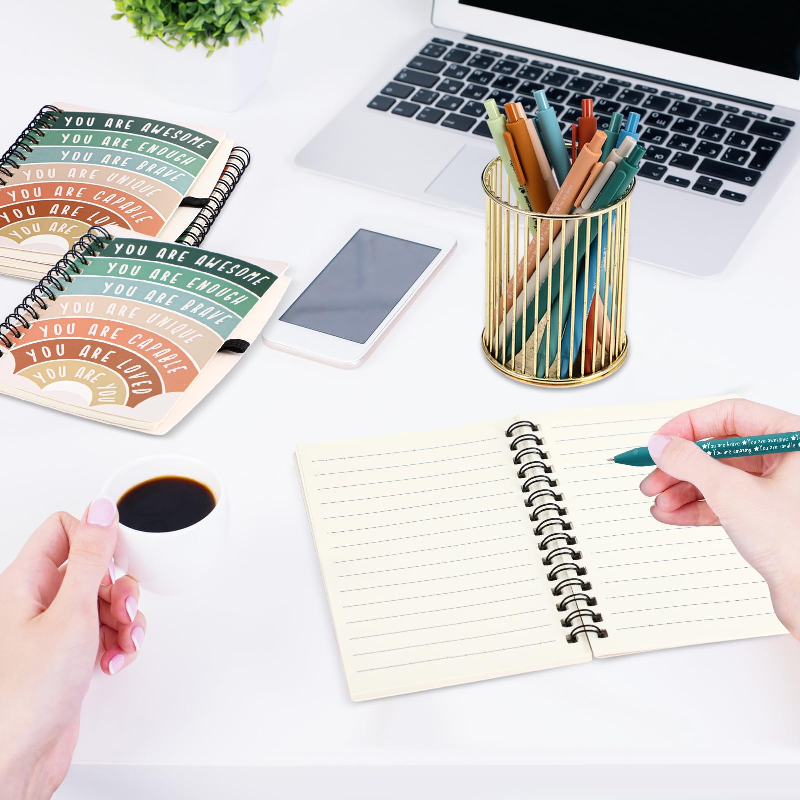 Thenshop Confezione da 80 regali di apprezzamento per i dipendenti della squadra: 40 diari per il benessere della salute mentale e 40 penne per la cura di sé per donne, colleghe, impiegati, assistenti
