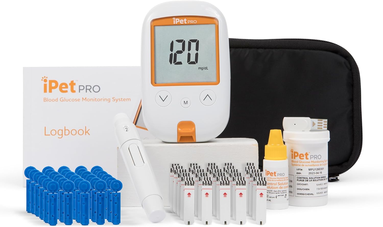 iPet PRO Blood Glucose Monitoring System Designed for Dogs & Cats| Includes Meter, 2 AA Batteries, User Guide, Log Book, 25 Test Strips, Control Solution, Lancing Device, 30 28G Lancets, Carrying Case iPet PRO Blood Glucose Monitoring System Designed for Dogs & Cats| Includes Meter, 2 AA Batteries, User Guide, Log Book, 25 Test Strips, Control Solution, Lancing Device, 30 28G Lancets, Carrying Case