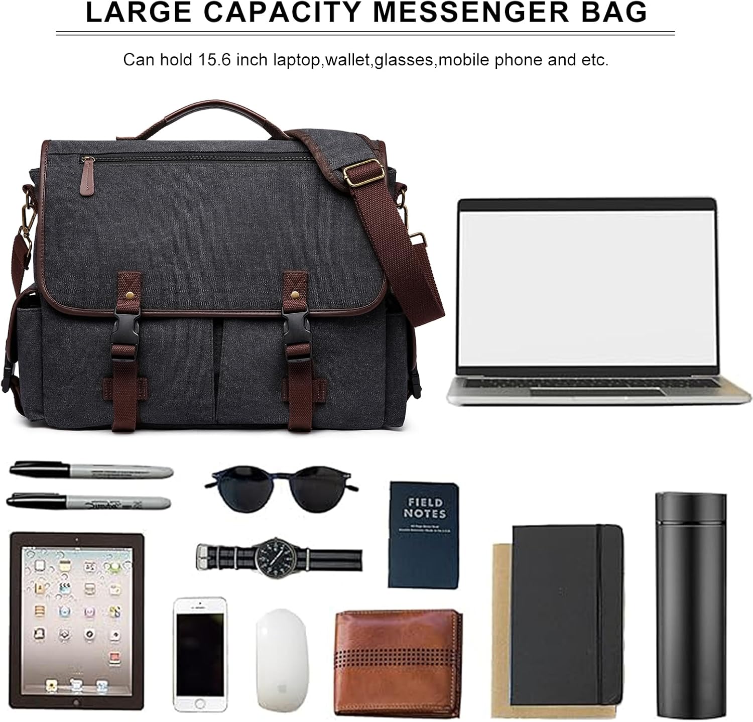Messenger Bag for Men Women 15.6 Inch Laptop Bag Canvas Water-resistant Computer Shoulder Bag Work Briefcase Bookbag for