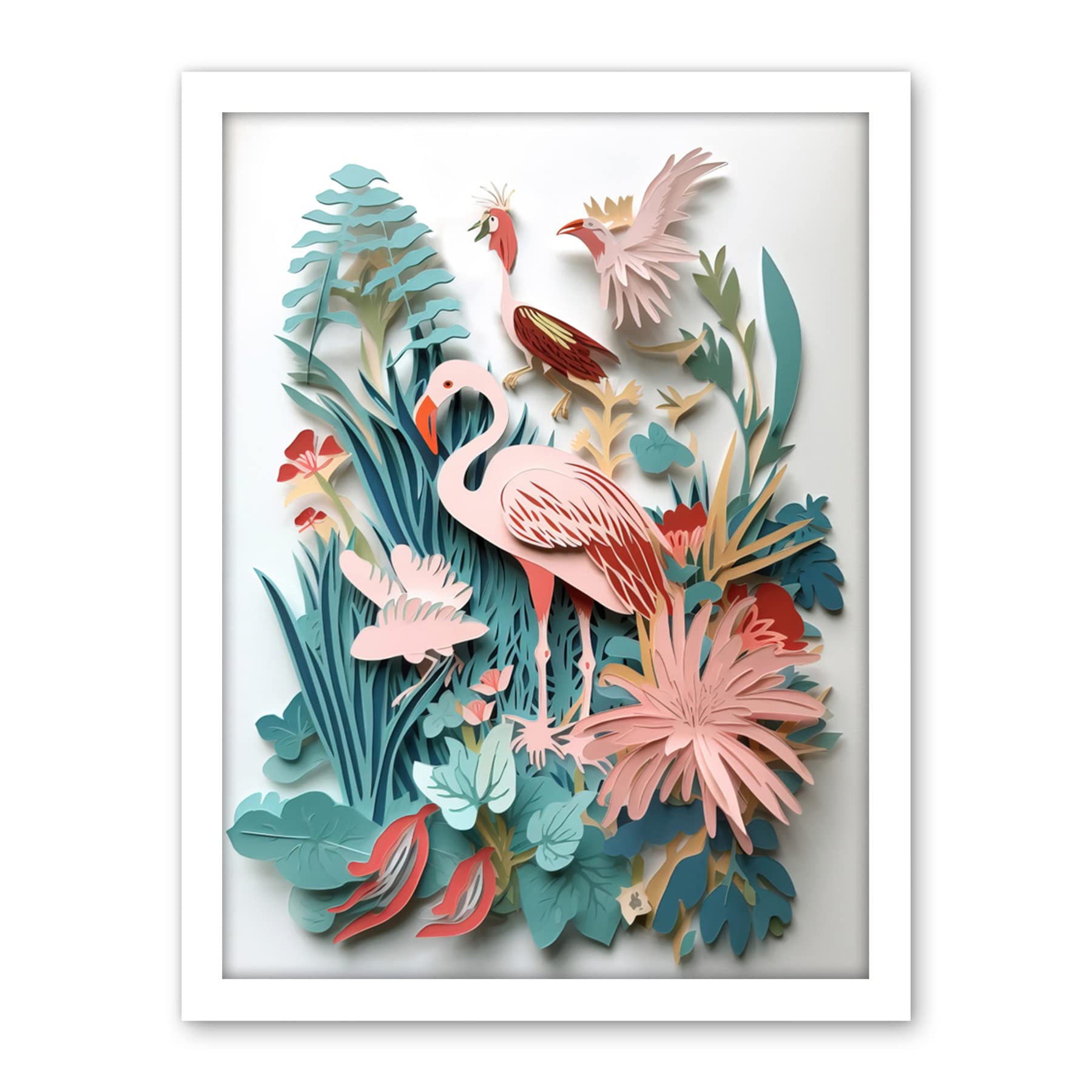 Artery8 Tropical Plants And Birds Multi-Dimensional Paper Kirigami Art Print Artwork Framed Wall Art Print 18X24 Inch