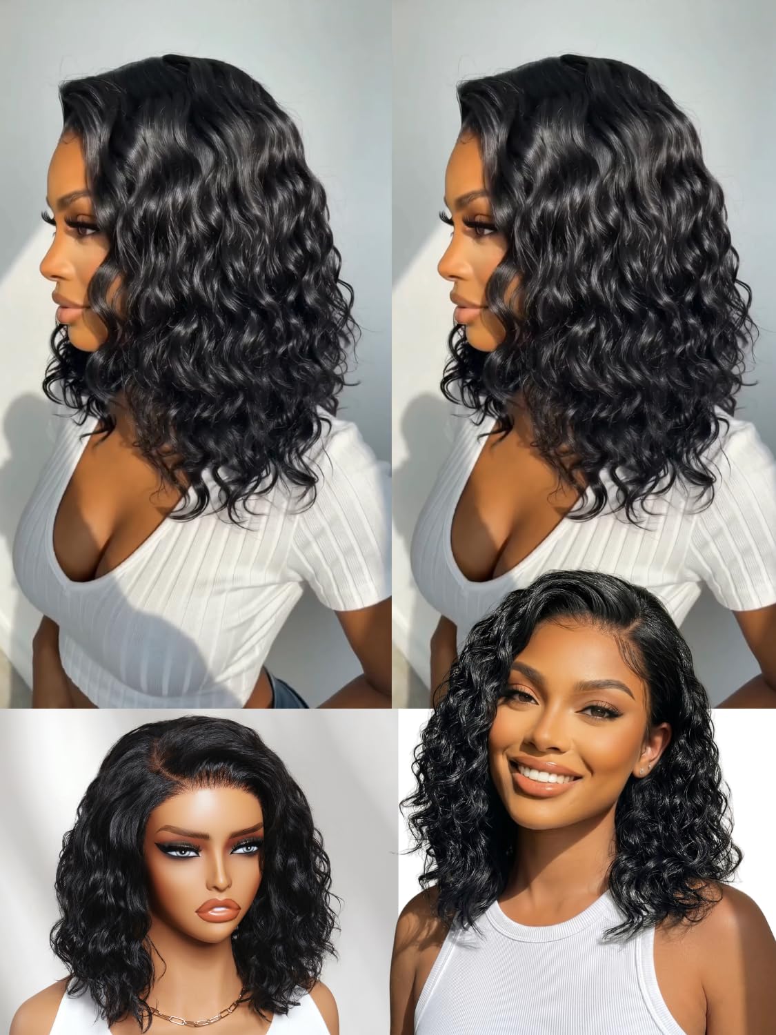 Nadula Side Part Water Wave Bob Wig Human Hair Glueless Put on and Go 6x4 Lace Closure Wig Pre Cut Pre Plucked 220% Density Natural Black Short Curly Wig for Bl