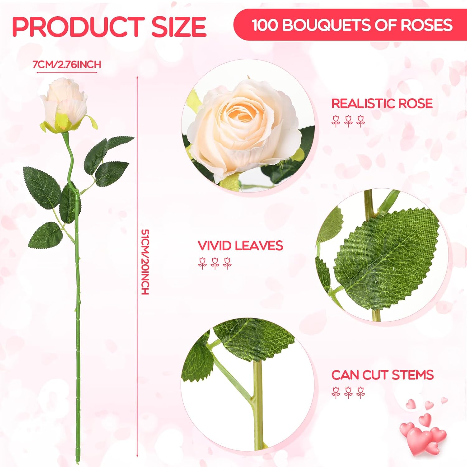 Jexine 100 Pieces Artificial Roses Flowers Bulk, Long Stem Realistic Fake Silk Roses Bouquet for Table Centerpiece Vases Wedding Party Kitchen Decor(Beige) - Image 2