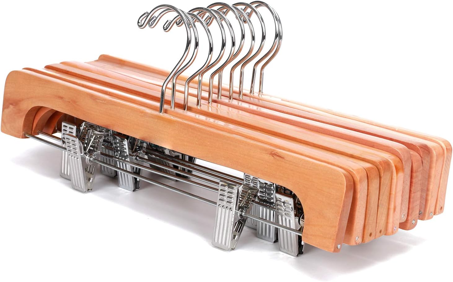 JS HANGER Pants Hangers 10 Pack High Grade Wooden Skirt Hangers with Clips Space Saving Jean Hangers, Extra Smooth Natural Finish