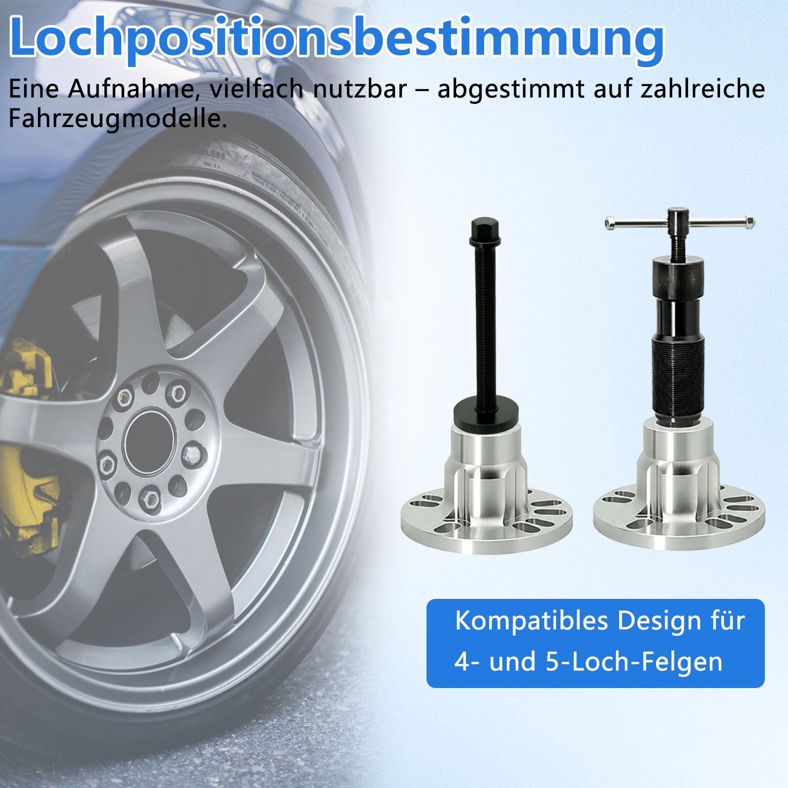 12-tonowy zestaw hydraulicznych ściągaczy kół, 5-częściowy, do felg 4/5-otworowych, 96-125 mm, z ręcznym wałkiem hydraulicznym