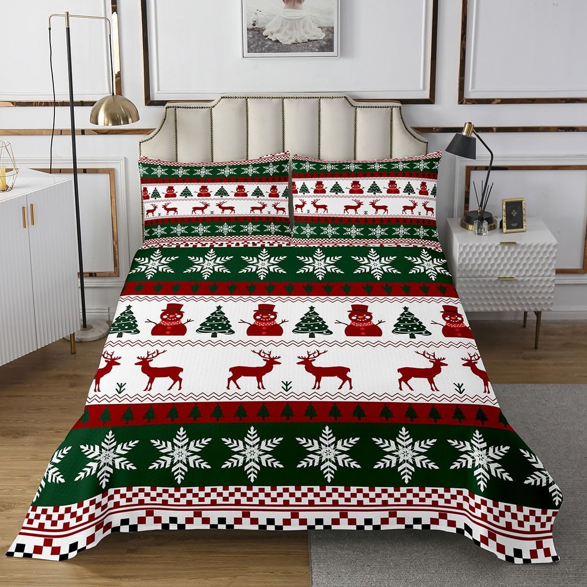 Castle Fairy Christmas Snowman Deer Bedspread Twin Size,Black Red Buffalo Plaid Bedding Sets 2Pcs for Kids Girls Boys Room Decor,Retro Comforter Set Christmas Themed Quilt Coverlet,1 Pillowcase