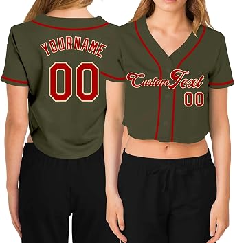 Custom Womens Cropped Baseball Jersey,Personalized Crop Top Button Down T-Shirts Short Sleeve V-Neck Blouse Button Up Jersey