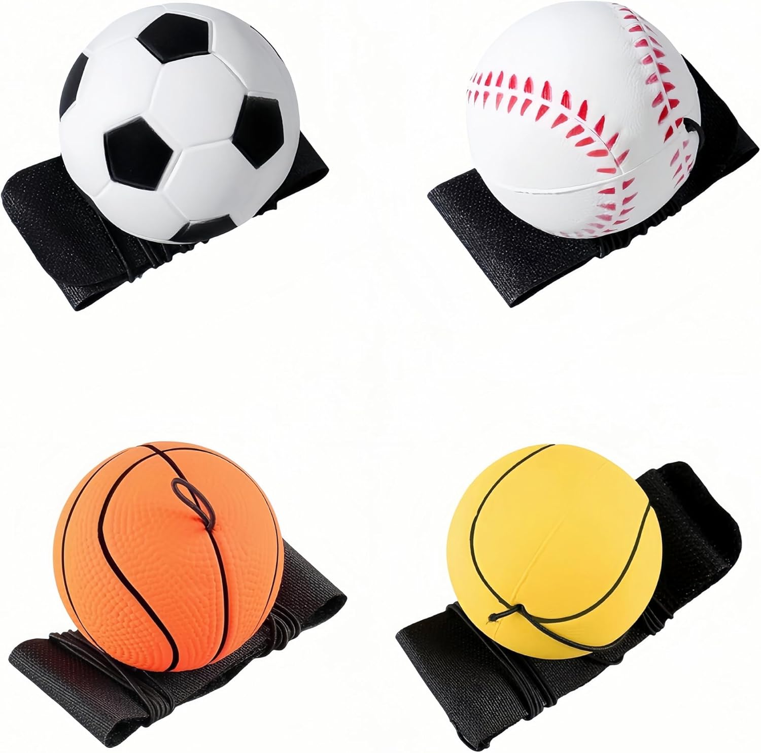 4PCS Durable Wrist Return Balls, 2 Inch Rubber Basketball Baseball Rebound Ball, Elastic Strap Soccer Ball for Teens Adults Wrist Exercise Fun Play