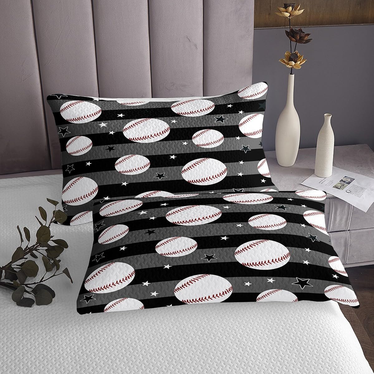 Feelyou Baseball Gaming Bedspread Black Grey White Bedspread for Kids Boys Girls Softball Coverlet Set Ball Games Quilted Bedroom Collection 2Pcs Twin Size
