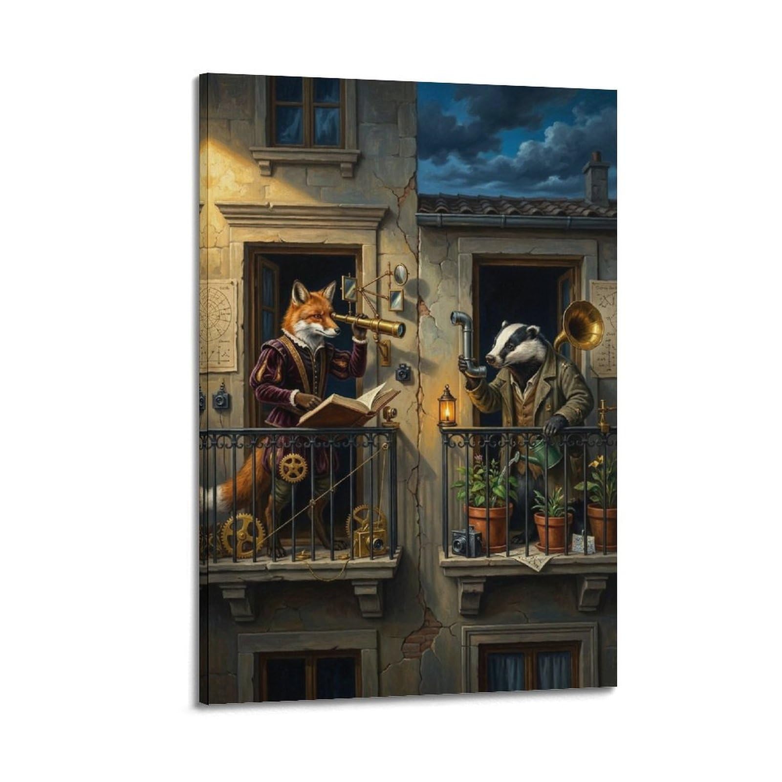 XKUGA Surreal Vintage Animal Poster Fox Badger Balcony Conflict Modern Decorative Canvas Prints - Ideal Wall Art for Family, Man Cave, Game Room, Boys & Girls Bedroom 24x36inch(60x90cm)