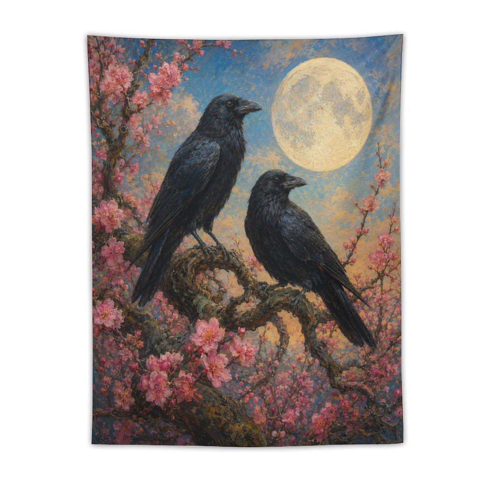 H3B8U2Y5 Ravens Under Moon Wall Tapestry, Ukiyo-e, Cherry Blossom