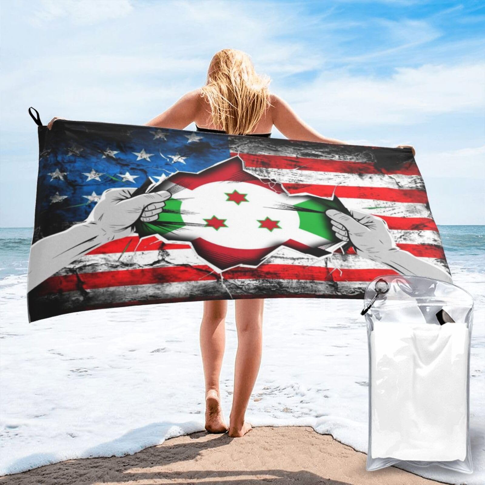 HACXZ American and Burundi Flag Vintage Beach Towel Lightweight Absorbent Beach Towel Microfiber 27.5"X55"