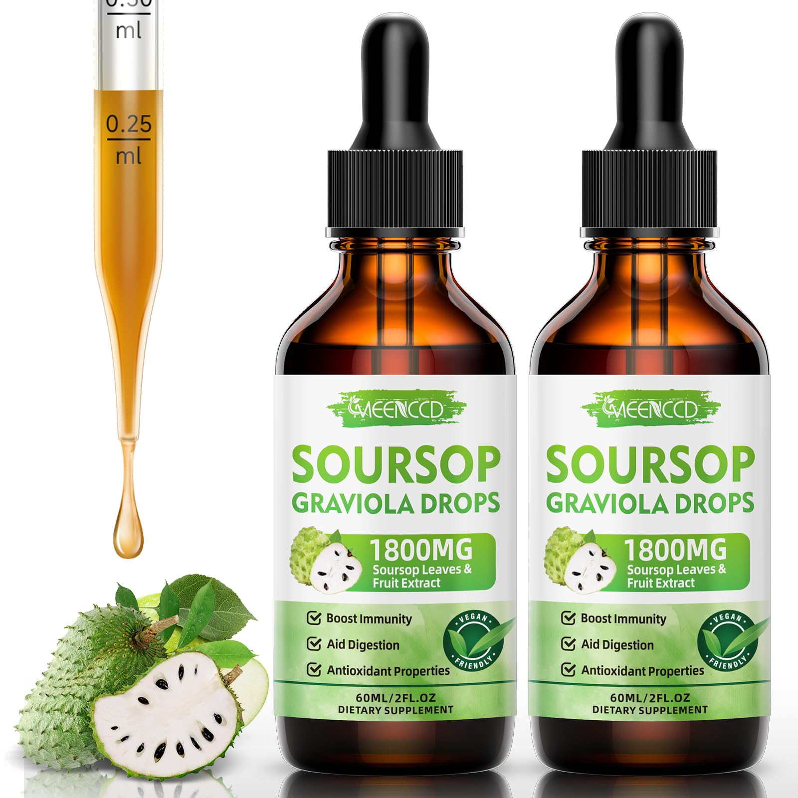 Soursop Graviola Liquid Drops 1800mg for Cell Support & Regeneration, Immune Boost, Relax, Liver and Zzz, Soursop Bitters Liquid, Herbal Goodness, Vegan, Sugar Free, Apple Flavor, 4 Fl Oz
