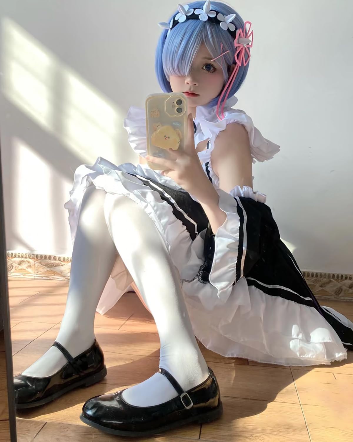 Fiamll Anime Ram Rem Cosplay Disfraz Emilia Outfit Re Life In A Different World From Zero Maid Vestido Uniforme Completo Set Carnaval Dress Up Traje con Peluca para Mujeres Niñas