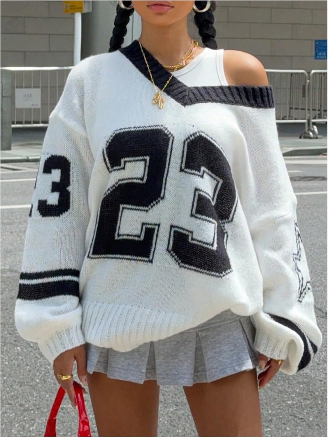 Women's Y2K Sweater Oversized Sweaters Long Sleeve V Neck Pullover Jumper Knit Top - Image 3