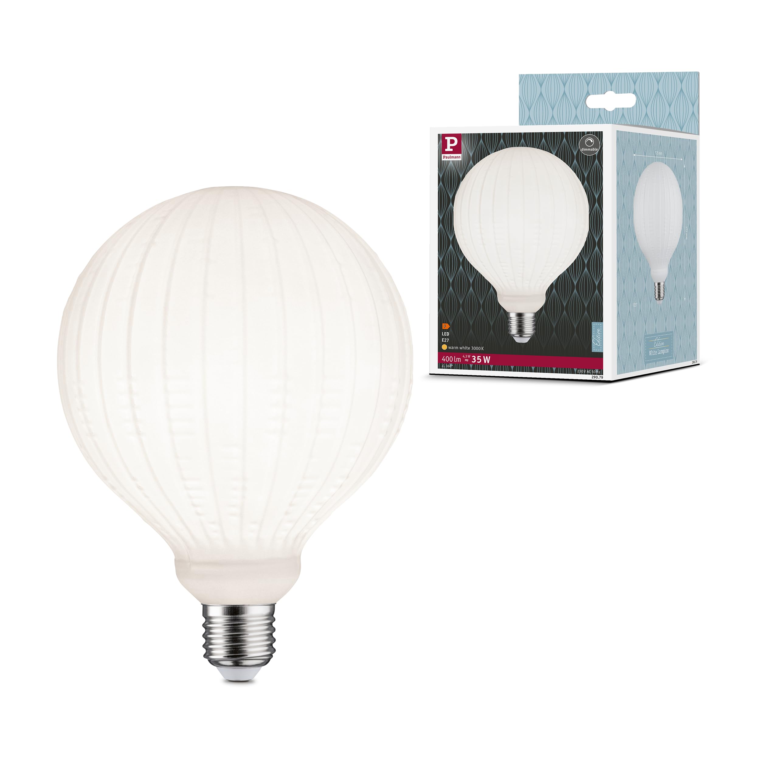 Paulmann 29079 White Lampion Edition Filament LED Globe G125 230V E27 4.3W 400lm dimmable 125mm White Glass 3000K