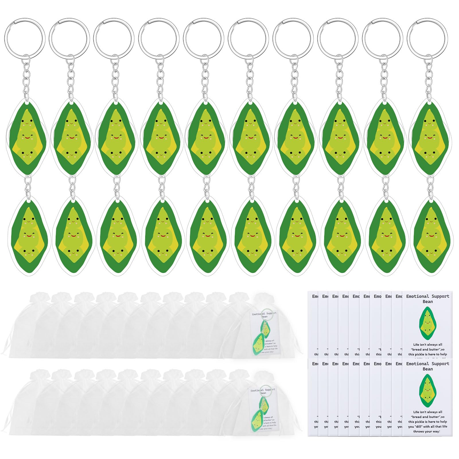 Affbei 20 Set Positive Bean Pickle Keychain Emotional Support Pickle Gift Employee Appreciation Gift Bulk with Cards Bags