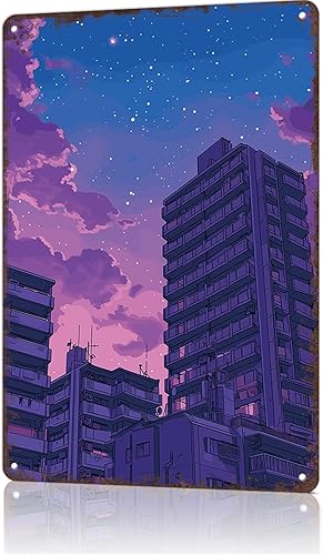 Letrero de metal con diseño de ciudad de City Build Lofi, diseño retro vintage de paisaje de ciudad, carteles de estaño retro para hombre, cueva,
