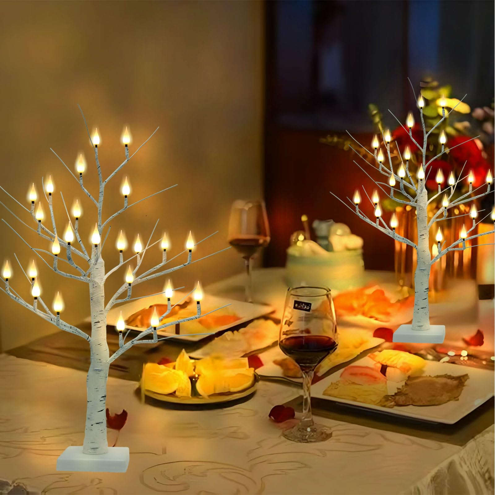 Verbesserter Birkenbaum mit 24 flammenlosen Kerzenlichtern, 60 cm langer Kerzenlichtbaum für Weihnachtsdekoration, Batterie-/USB-Kerze, beleuchteter Birkenbaum für Tisch, Zuhause, Halloween,