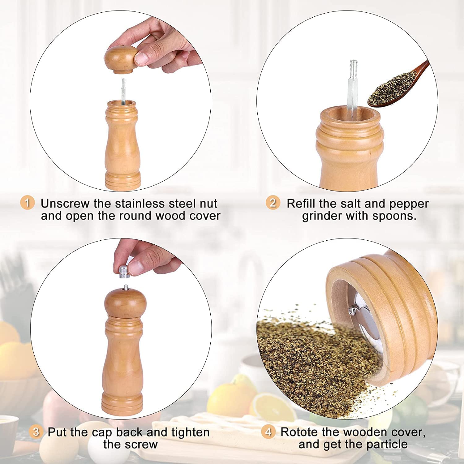 AVMART Wooden Salt & Pepper Grinder 8 Inch with Stainless Steel Cutter & Adjustable Coarseness | Refillable Manual Spice Mill | Traditional Wood Pepper Grinder for Kitchen & Dining 2
