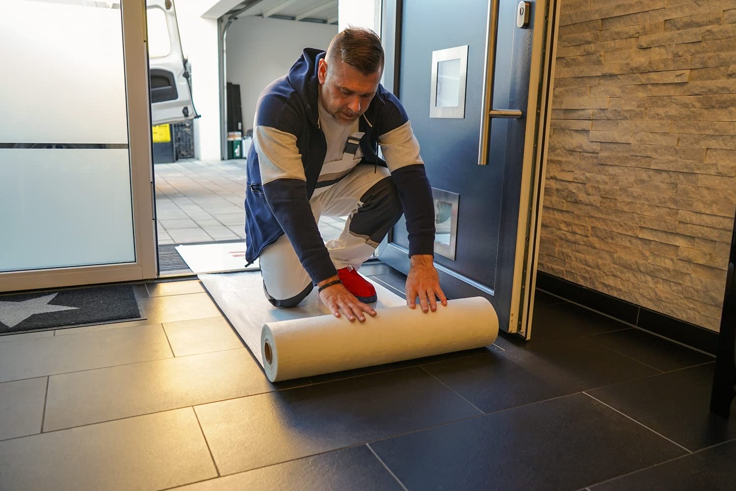 Scorprotect® BSV (bedrucktes) Boden- und Treppenschutzvlies, Abdeckvlies selbsthaftend 0,65 m x 25 m 160 g/m² Folienoberseite