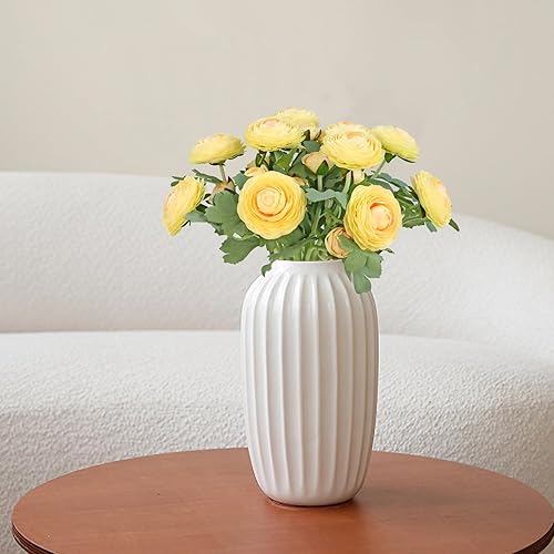 Miniatura 2 de Flores artificiales de ranúnculo con tallo de tacto real, flores de ranúnculo de seda (amarillo cremoso, 10 unidades)