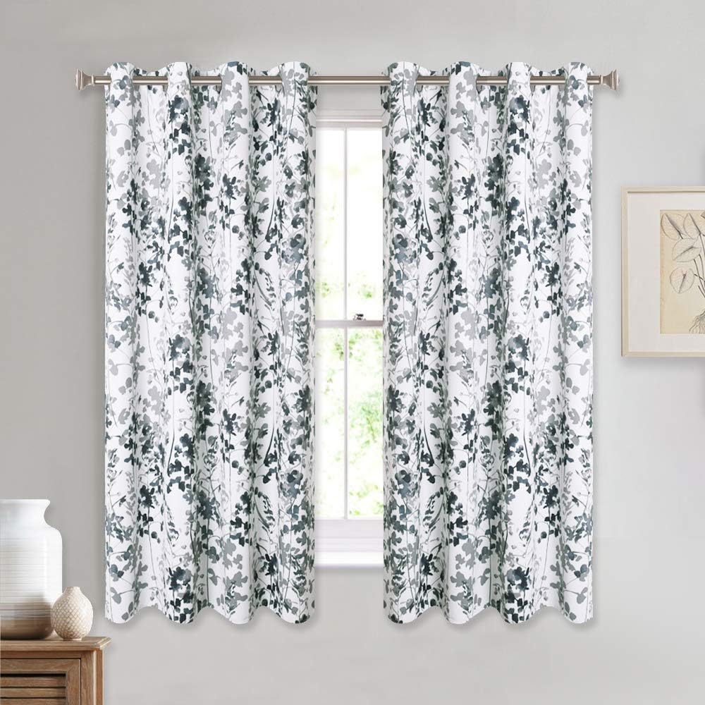 KGORGE Grey Curtains Blackout - Farmhouse Boho Window Treatmnet Privacy Watercolor Leaves Printed Curtains for Art Gallery Exhibition Living Room Kids Bedroom Office, W 52 x L 63 inch, 2 Panels
