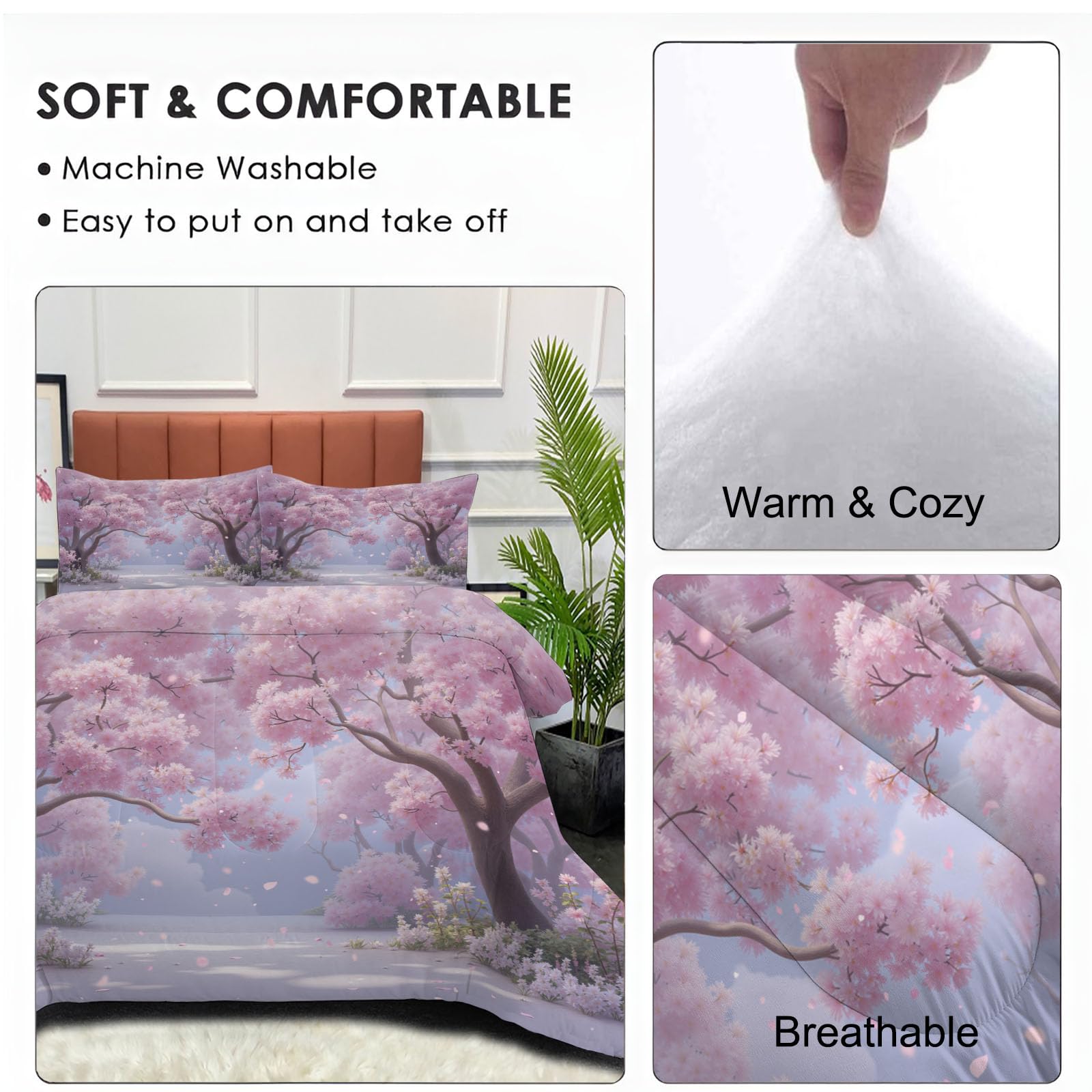 Edredón Relleno Nórdico Cama 90,Edredón de Fibra 200gr/m², 140x200cm 4 Estaciones Estampado Acuarela Bosque Cerezos En Flor 3D Edredón Pétalos Ensueño De Mariposa Suave y Ligero con 1 Fundas