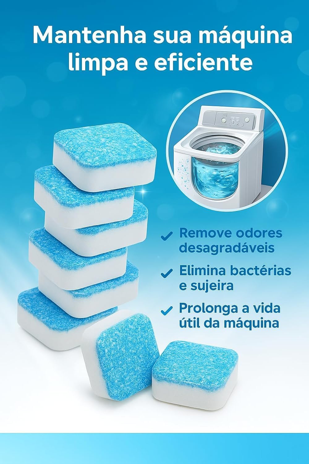 Kit 10 Tabletes de Limpeza para Máquina de Lavar – Limpador Efervescente Potente contra Manchas e Odor