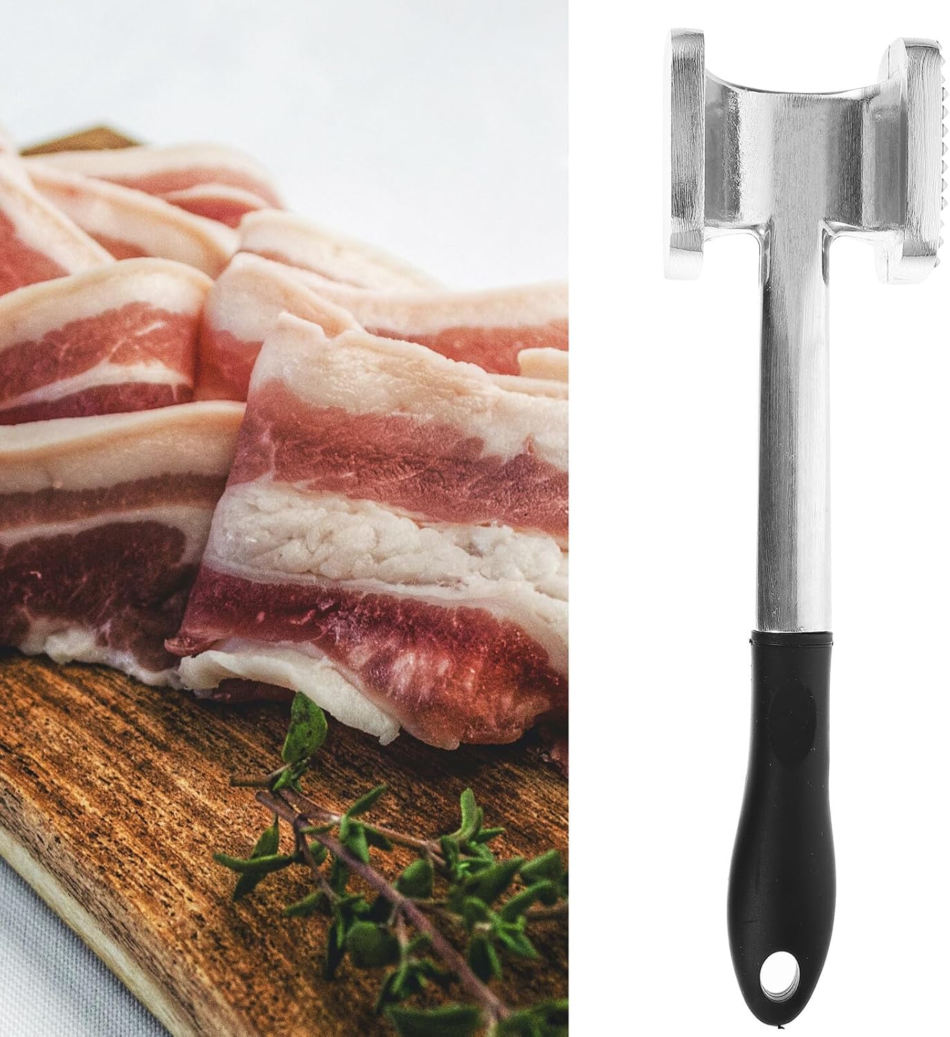 Ipetboom Double-sided Aluminum Meat Tenderizer Mallet with Non-slip Rubber Handle Kitchen Gadget for Steak Beef Poultry Walnut Shell Cracking Cooking Tool for Left and Right Handed Users