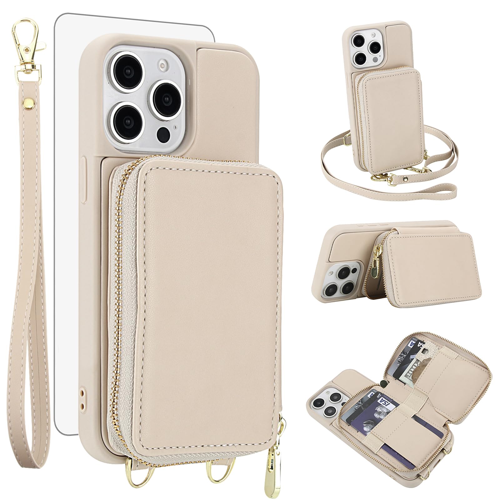 Phone Case for iPhone 14 Pro Max 6.7 inch Wallet Cell Cover with Screen Protector Crossbody Strap Lanyard RFID Blocking Card Holder iPhone14promax 5G i Phone14Max Plus iPhone14 ProMax Women Men Beige