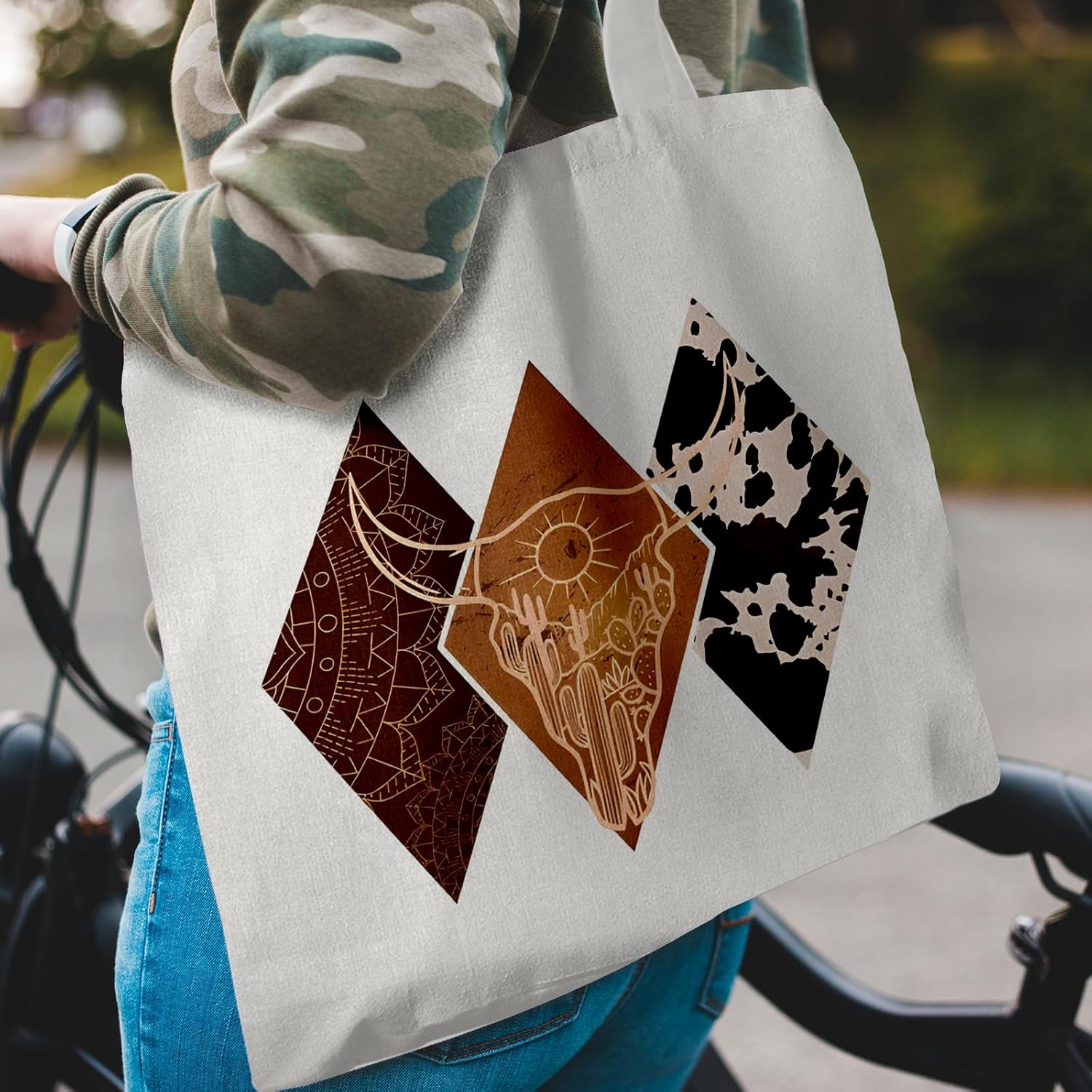 Retro Western Cow Bull Skull Canvas Tote Bag,Western Cowgirl Gifts Bags for Women,Wild West Reusable Grocery Shopping Bags - Image 3