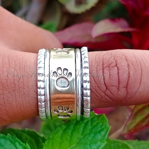 Miniatura 4 de Paw Print Spinner Ring, 925 Sterling Silver & Brass Handmade Meditation Ring, Fidget Anxiety Ring for Women, Paw Symbol Band, Pet Lover Jewelry Gift