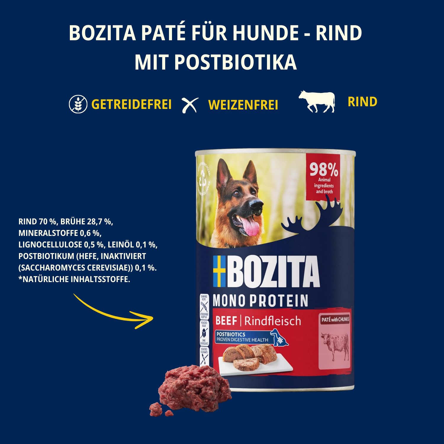 Bozita Dog Paté wołowina z postbiotykami 6 x 400 g – karma dla psów pojedyncze białko – pełnowartościowa, intensywna smak, bezzbożowa mokra karma, w formie kawałkowego pasztetu dla psa