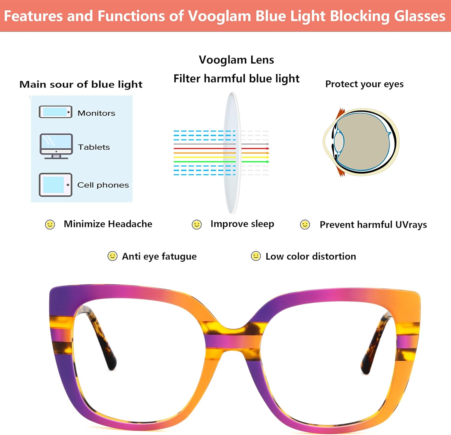 VOOGLAM Oversize Square Non Prescription Glasses Women Blue Light & UV400 Blocking Stylish Frames TR90 Computer/Phones/TV