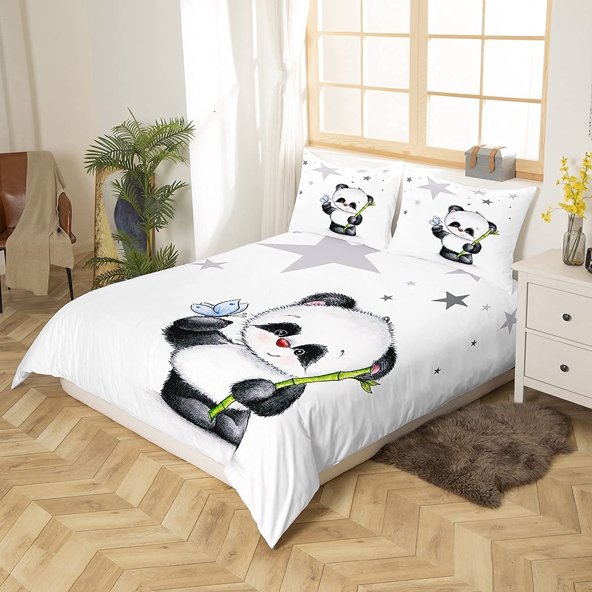 Kids Panda Bedding & Linen Bamboo Girly Lovely Animal Cartoon Style Bedding Set 2 Piece Butterfly Stars Duvet Cover Black and White for Girls Boys Child Single Size - Image 2