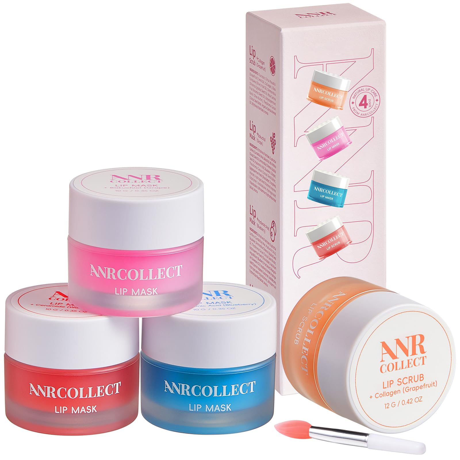 ANRCOLLECT Lippenmaske+ Lip scrub, Lippenpeeling, 4P Lippenpflege Set Mit 3 Lip Sleeping Mask, Lippenmaske Overnight, Lippenbalsam Set FÜR Trockene, Spröde, Rissige Lippen, Feine Linien & Falten | 1 Peeling Scrub + 3 Overnight Masken für weiche, hydratisi