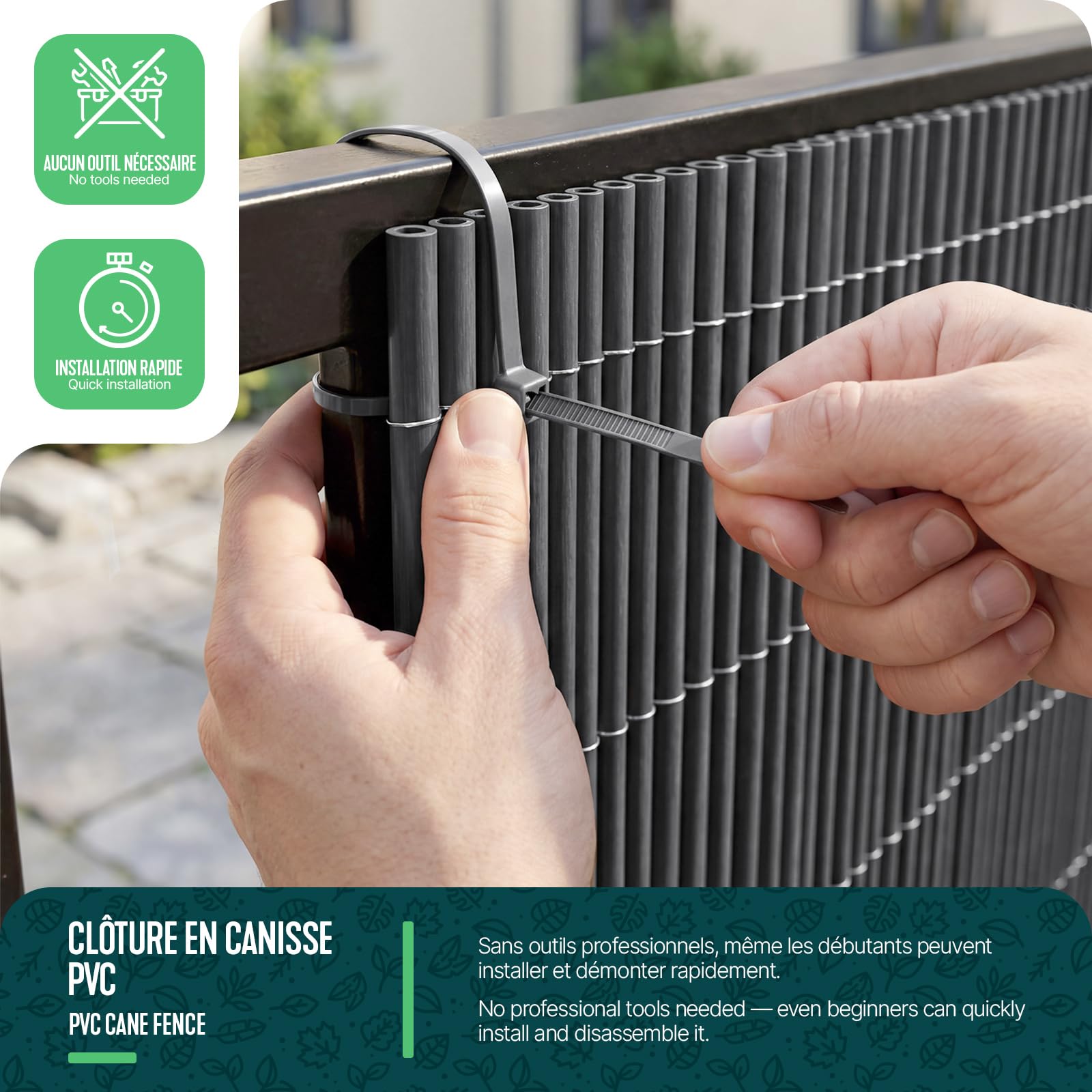 VOUNOT® Cañizo de PVC Imitación a Mimbre Cerramiento Mimbre Artificial en PVC Alta Durabilidad con Bridas Cañas Enteras de 7,5 mm Valla de Decoración Jardín Terraza Ocultación Exterior 1x3M Antracita — view 6