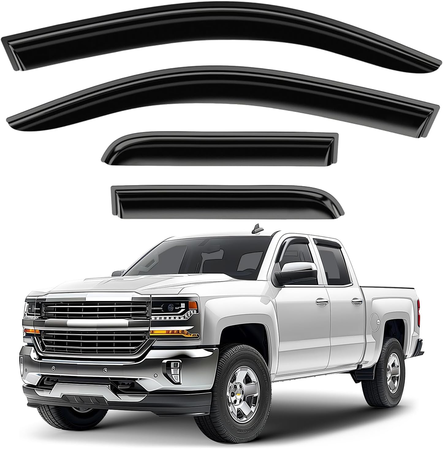 Window Deflectors Smoke Tinted Tape-On Side Window Vent Visor Deflectors Rain Guards Compatible with Silverado/Sierra 1500 2014-2018 Double Cab - 4pcs. GW0238