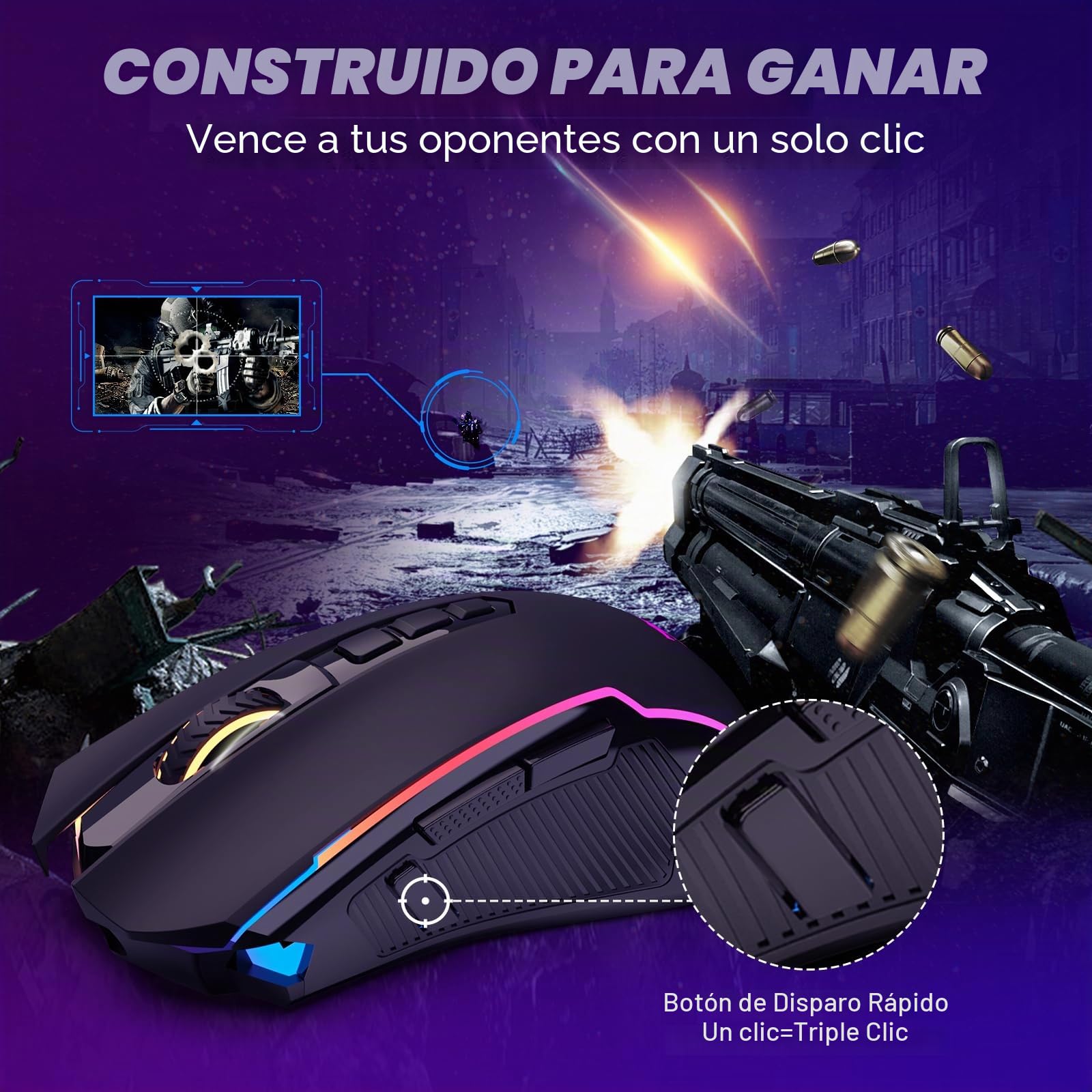 Redragon Ratón Gaming Inalámbrico, Tri-Mode 2.4G/USB-C/Bluetooth Raton Gaming, 10000 dpi y 6 Modos RGB Retroiluminado, 9 Botones Programables, Ratón Inalámbrico Recargable para Laptop/PC/Mac, Negro
