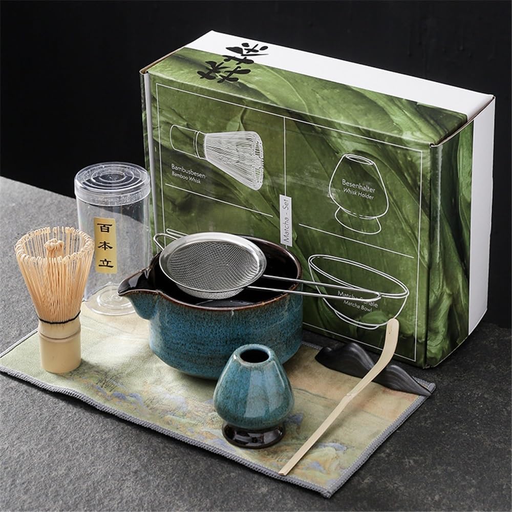 LZM-DIEWLEI Japanese Matcha Tea Set 7 Pcs Ceramic Matcha Bowl, Ceramic Whisk Holder, Matcha Whisk, Scoop, Sifter, Matcha Caddy, Tea Making Kit, Handmade Japanese Tea Ceremony Matcha Tea Kit(Blue)