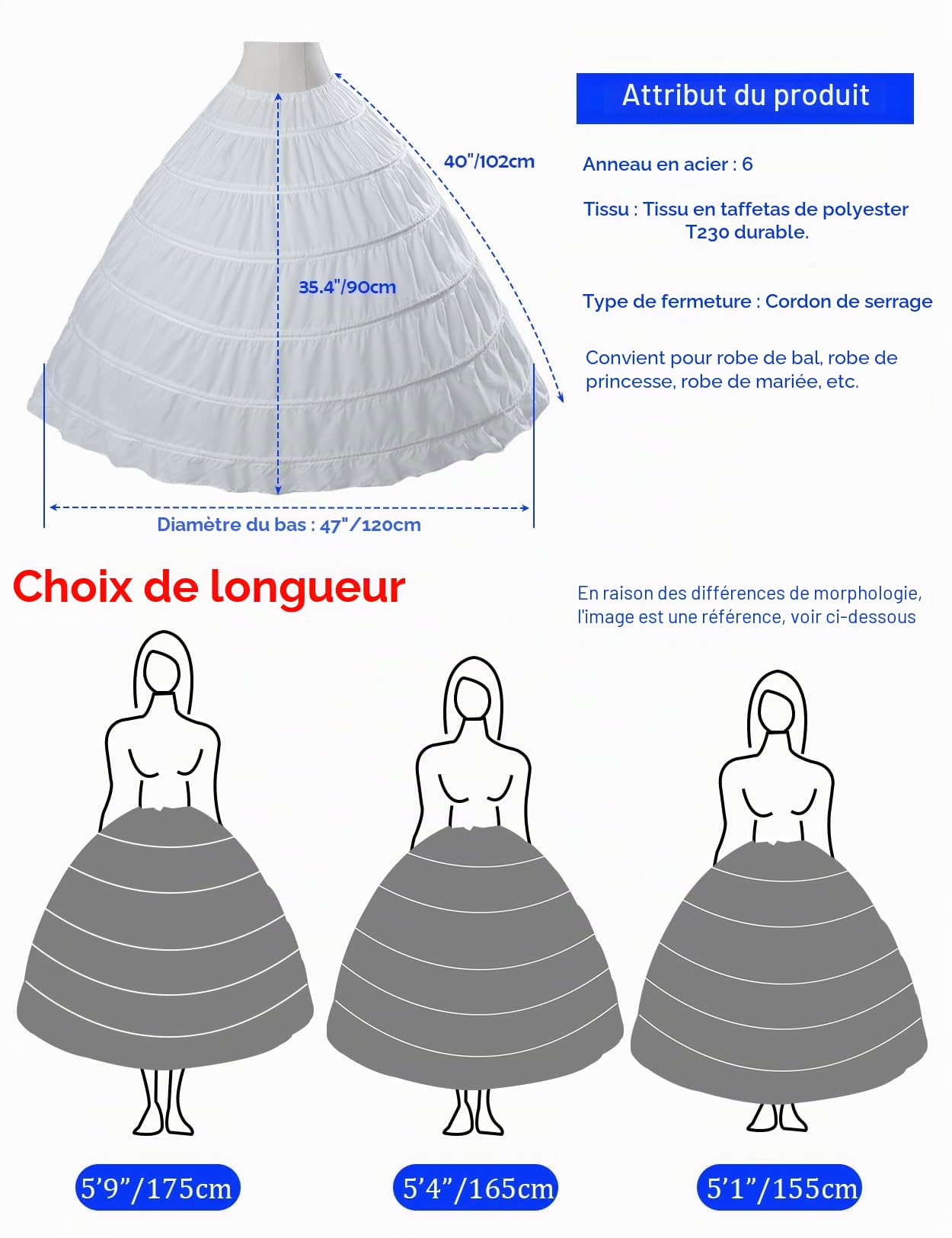 BEAUTELICATE Jupon Crinoline De Femme Long Vintage 6 Cerveaux Grande Taille Gonflant sous Robe De Mariage Mariée Princesse Soirée Bal Carnaval Cosplay Taille Unique