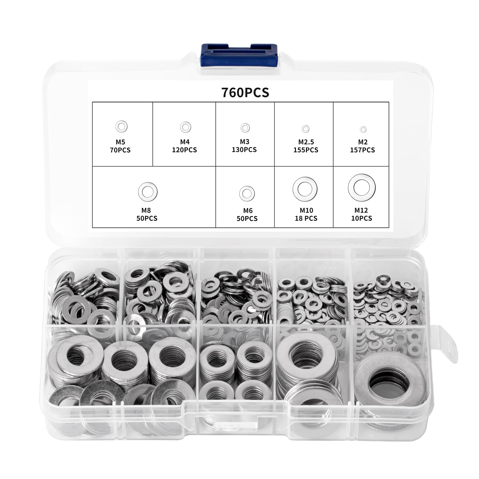 760 Pz Kit di Rondella Inox, Kit Rondelle Piatte Set, Rondelle Acciaio Inox per Viti, Rondella Metalliche Assortimento, rRondelle Piatte in Acciaio Inossidabile, M2 M2.5 M3 M4 M5 M6 M8 M10 M12
