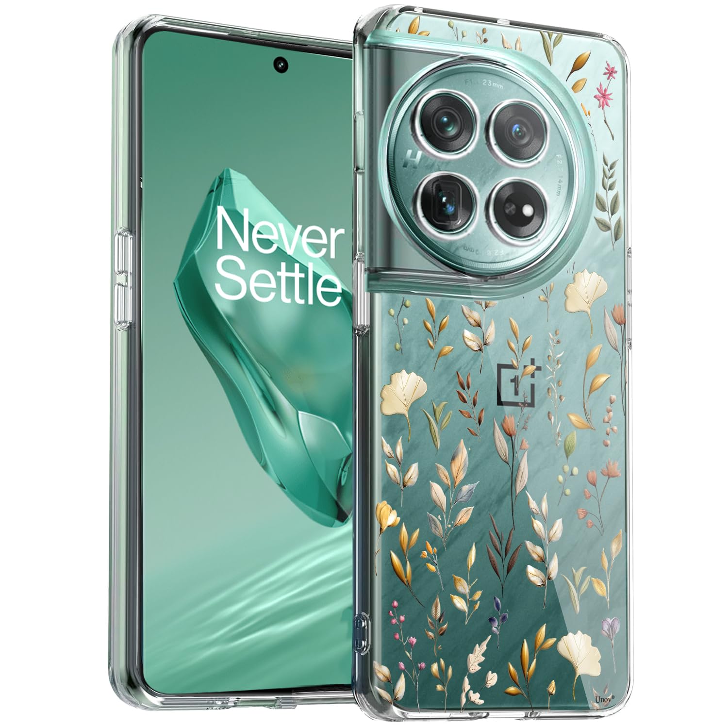 Unov Case Compatible with OnePlus 12 5G Clear with Golden Flower Floral Girly Women Design Soft TPU Shock Absorption Slim Embossed Pattern Protective Back Cover