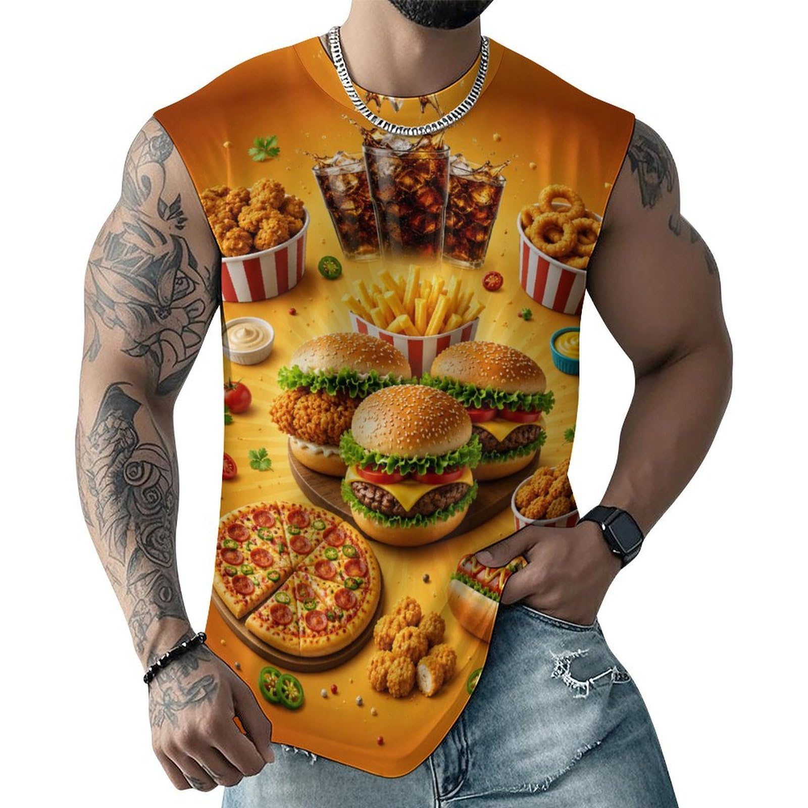 Mens Tank Top Sleeveless Workout Muscle Shirt White Dice Print Small Fast Food Feast